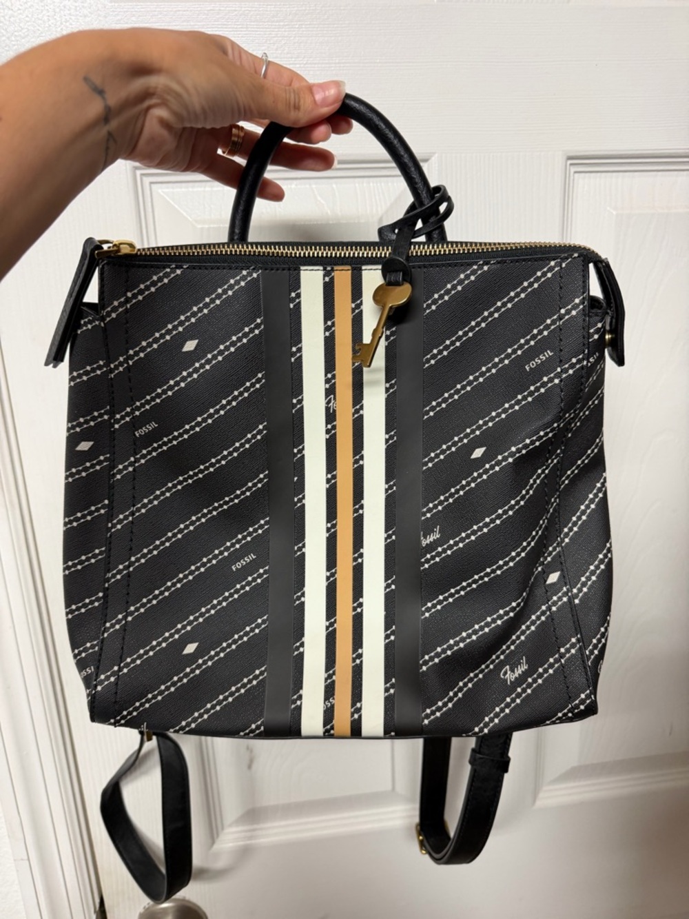 Fossil Black Canvas Satchel backpack w/ Key Charm